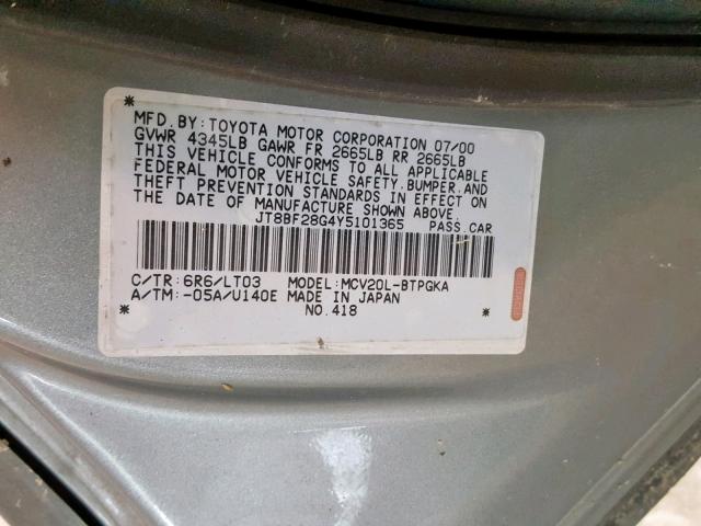 JT8BF28G4Y5101365 - 2000 LEXUS ES 300 SILVER photo 10