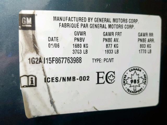 1G2AJ15F867763988 - 2006 PONTIAC PURSUIT GRAY photo 10