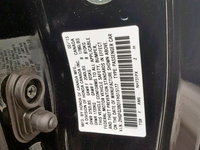 2HGFG3B01FH515177 - 2015 HONDA CIVIC EXL BLACK photo 10