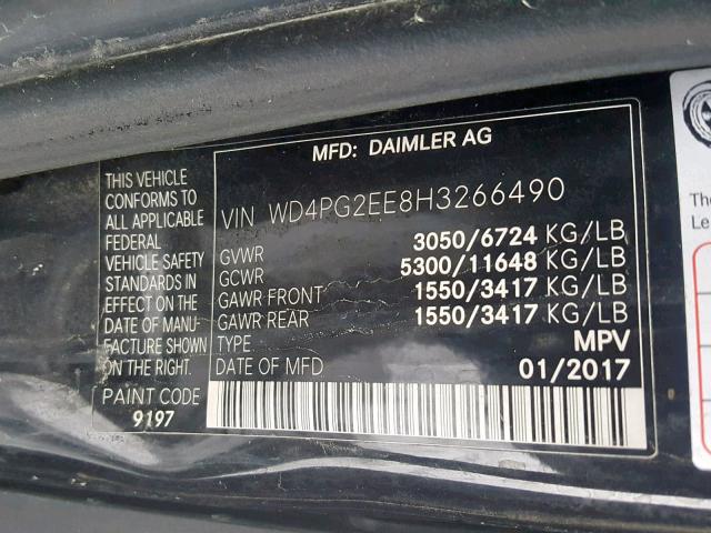 WD4PG2EE8H3266490 - 2017 MERCEDES-BENZ METRIS BLACK photo 10