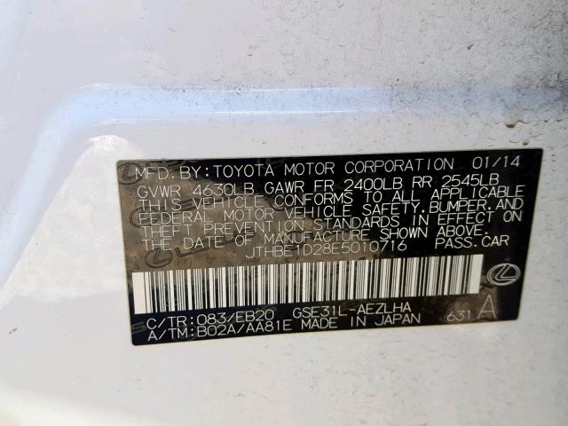 JTHBE1D28E5010716 - 2014 LEXUS IS 350 WHITE photo 10