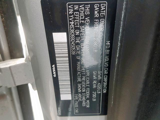 YV1MS382692450539 - 2009 VOLVO S40 2.4I GRAY photo 10