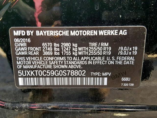 5UXKT0C59G0S78802 - 2016 BMW X5 XDR40E BLACK photo 10