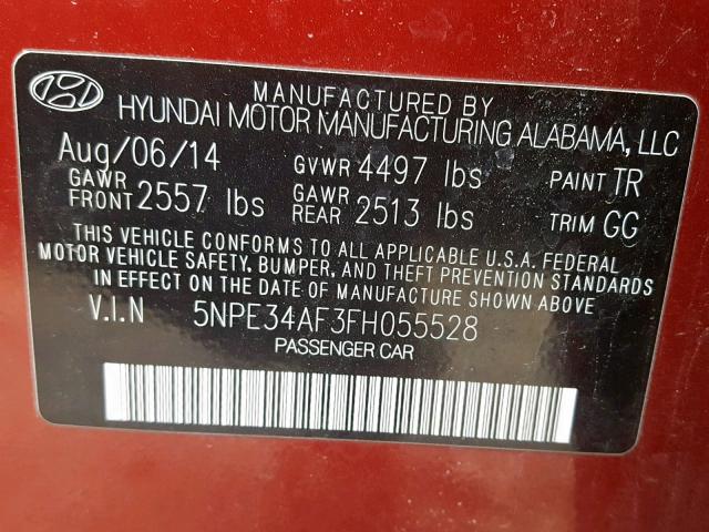 5NPE34AF3FH055528 - 2015 HYUNDAI SONATA SPO RED photo 10