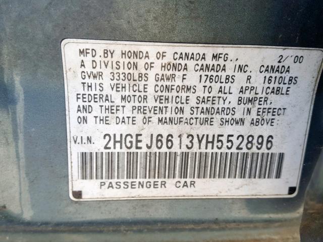 2HGEJ6613YH552896 - 2000 HONDA CIVIC BASE BLUE photo 10