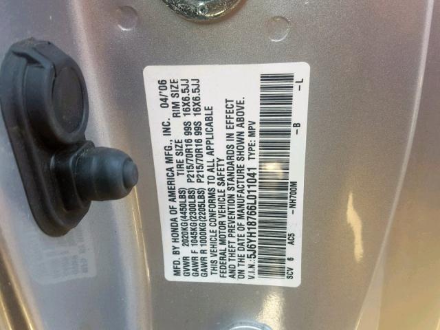 5J6YH18766L011041 - 2006 HONDA ELEMENT EX SILVER photo 10