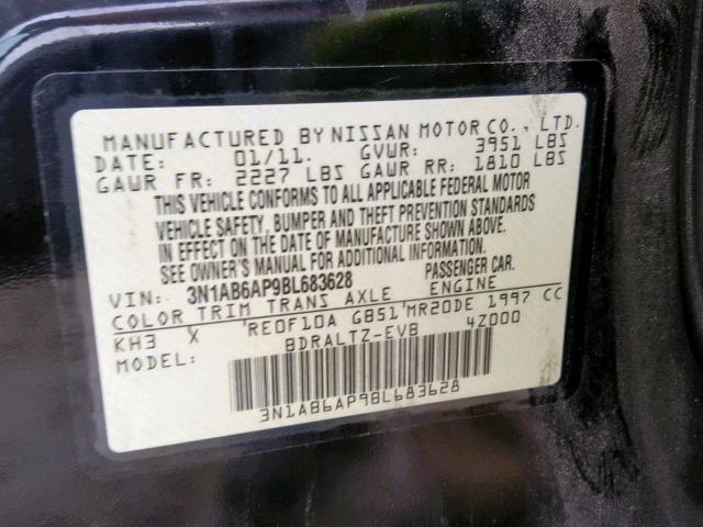 3N1AB6AP9BL683628 - 2011 NISSAN SENTRA 2.0 BLACK photo 10