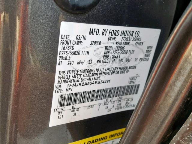 1FMJK2A56AEB54491 - 2010 FORD EXPEDITION GRAY photo 10