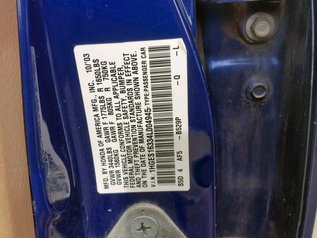 1HGES16334L004945 - 2004 HONDA CIVIC DX V BLUE photo 10