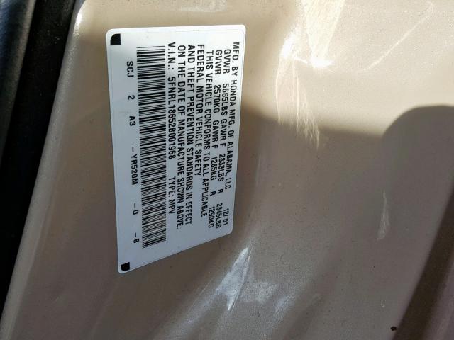 5FNRL18652B001968 - 2002 HONDA ODYSSEY EX GOLD photo 10