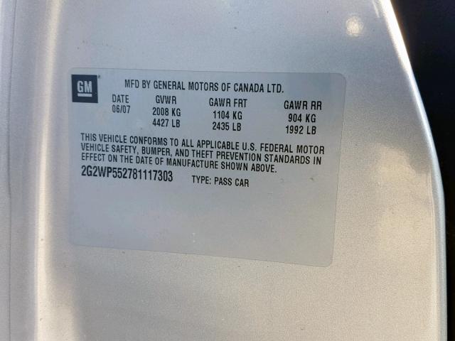 2G2WP552781117303 - 2008 PONTIAC GRAND PRIX SILVER photo 10