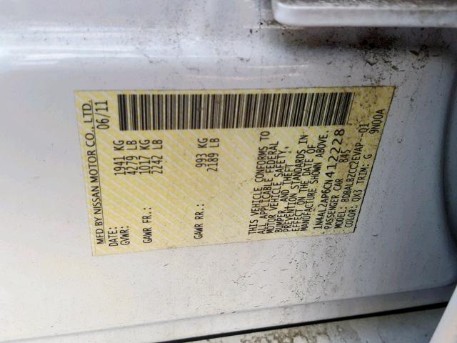 1N4AL2AP6CN412228 - 2012 NISSAN ALTIMA BAS 白色 照片 10