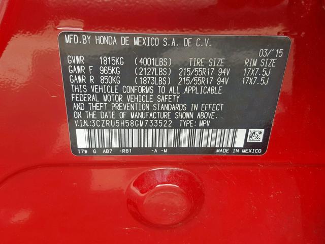 3CZRU5H58GM733522 - 2016 HONDA HR-V EX RED photo 10