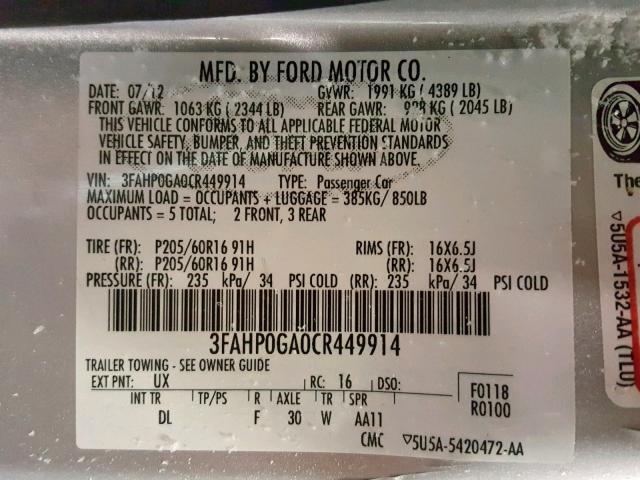 3FAHP0GA0CR449914 - 2012 FORD FUSION S SILVER photo 10