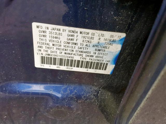 JHMGE8H31CC028498 - 2012 HONDA FIT BLUE photo 10