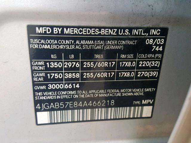 4JGAB57E84A466218 - 2004 MERCEDES-BENZ ML 350 SILVER photo 10