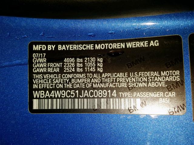 WBA4W9C51JAC08914 - 2018 BMW 440XI BLUE photo 10