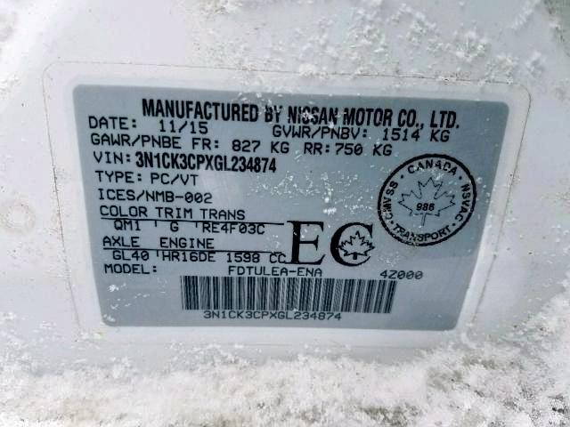 3N1CK3CPXGL234874 - 2016 NISSAN MICRA WHITE photo 9