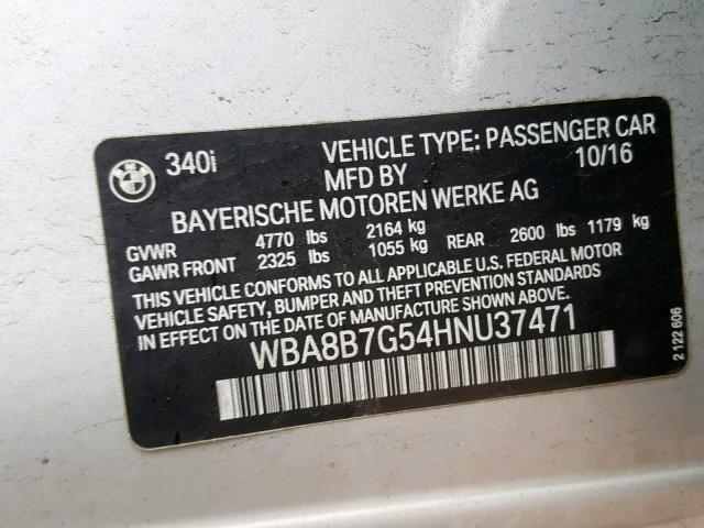 WBA8B7G54HNU37471 - 2017 BMW 340 XI SILVER photo 10