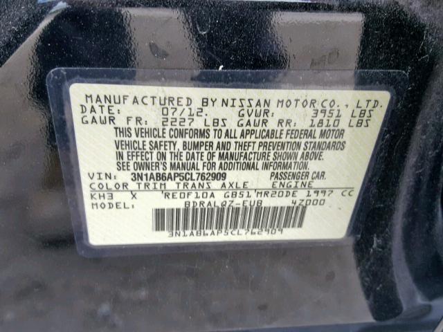 3N1AB6AP5CL762909 - 2012 NISSAN SENTRA 2.0 BLACK photo 10