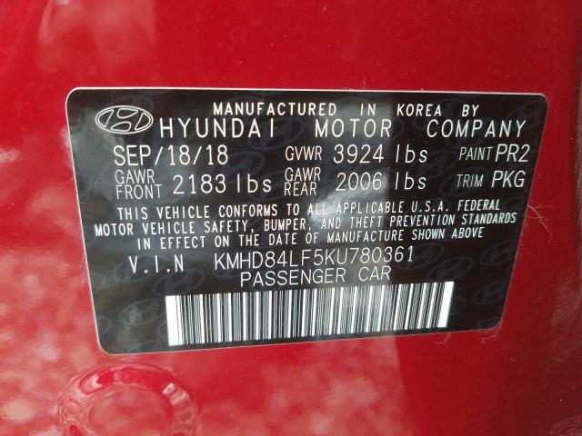 KMHD84LF5KU780361 - 2019 HYUNDAI ELANTRA SEL  photo 10