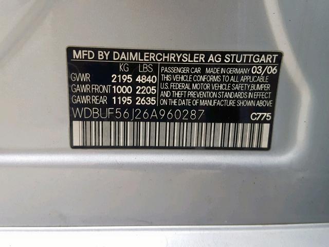 WDBUF56J26A960287 - 2006 MERCEDES-BENZ E 350 SILVER photo 10