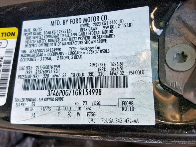 3FA6P0G71GR154998 - 2016 FORD FUSION S BLACK photo 10