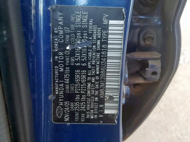 KM8JM12B86U341818 - 2006 HYUNDAI TUCSON GL BLUE photo 10