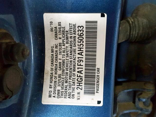 2HGFA1F91AH550633 - 2010 HONDA CIVIC EXL BLUE photo 10