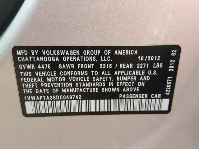 1VWAP7A38DC049742 - 2013 VOLKSWAGEN PASSAT S GRAY photo 10