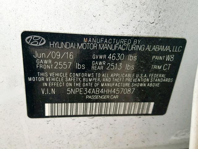 5NPE34AB4HH457087 - 2017 HYUNDAI SONATA SPO WHITE photo 10