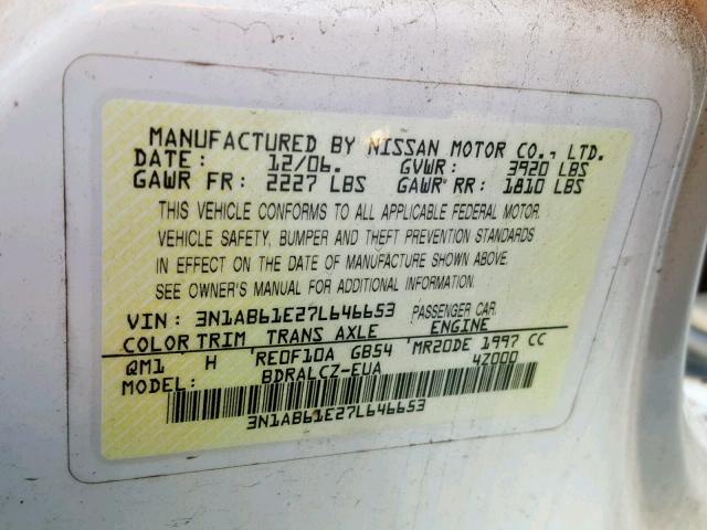 3N1AB61E27L646653 - 2007 NISSAN SENTRA 2.0 WHITE photo 10