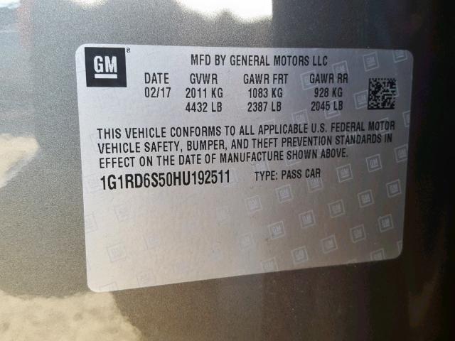 1G1RD6S50HU192511 - 2017 CHEVROLET VOLT PREMI GRAY photo 10