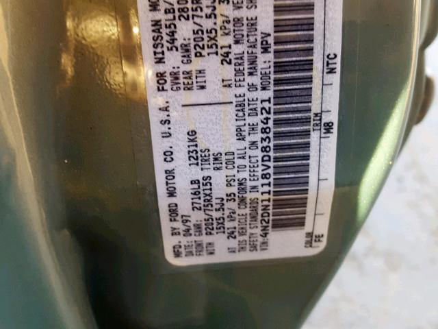 4N2DN1118VD838421 - 1997 NISSAN QUEST XE GREEN photo 10