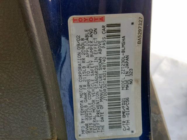 JTDDR32T430148740 - 2003 TOYOTA CELICA GT BLUE photo 10