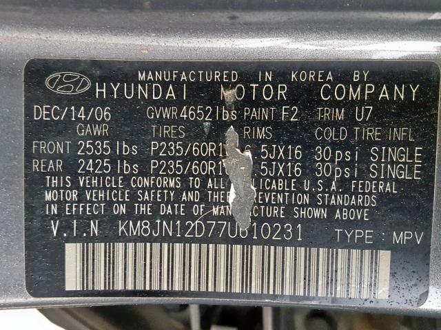 KM8JN12D77U610231 - 2007 HYUNDAI TUCSON SE GRAY photo 10