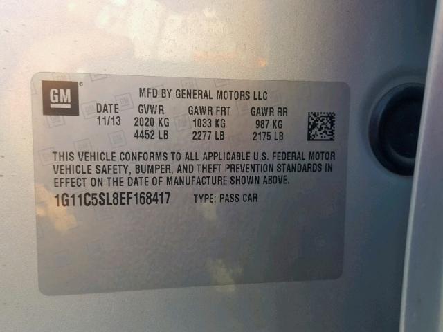 1G11C5SL8EF168417 - 2014 CHEVROLET MALIBU 1LT 银色 照片 10