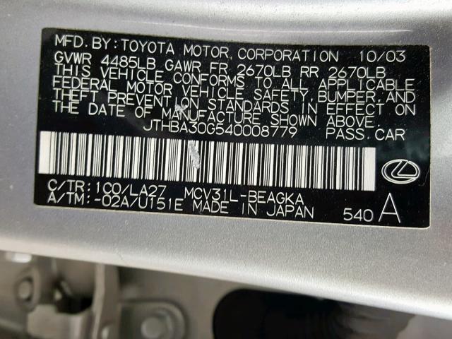 JTHBA30G540008779 - 2004 LEXUS ES 330 SILVER photo 10