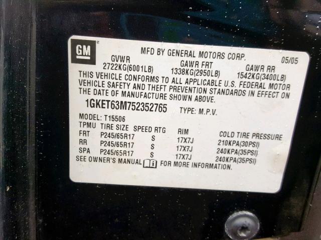 1GKET63M752352765 - 2005 GMC ENVOY DENA BLACK photo 10