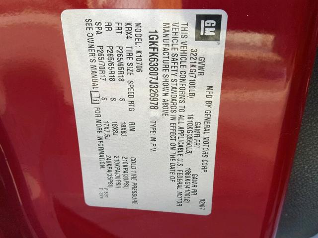 1GKFK63807J326978 - 2007 GMC YUKON DENA RED photo 10