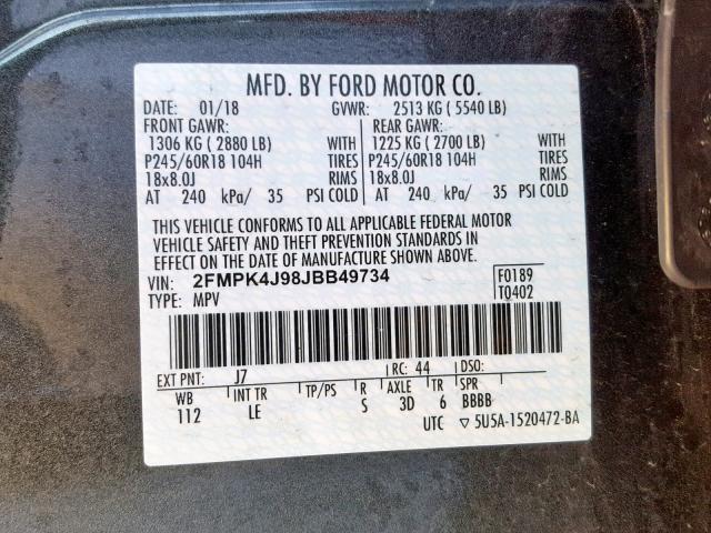 2FMPK4J98JBB49734 - 2018 FORD EDGE SEL GRAY photo 10