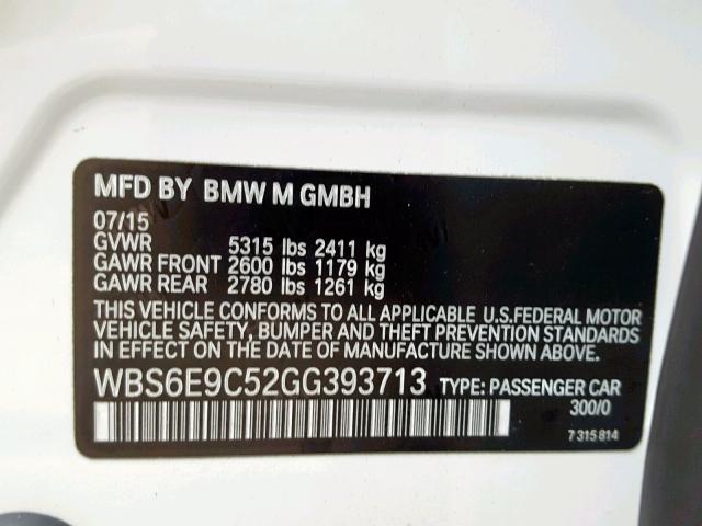 WBS6E9C52GG393713 - 2016 BMW M6 GRAN CO WHITE photo 10