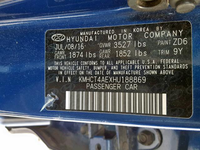 KMHCT4AEXHU188869 - 2017 HYUNDAI ACCENT SE BLUE photo 10