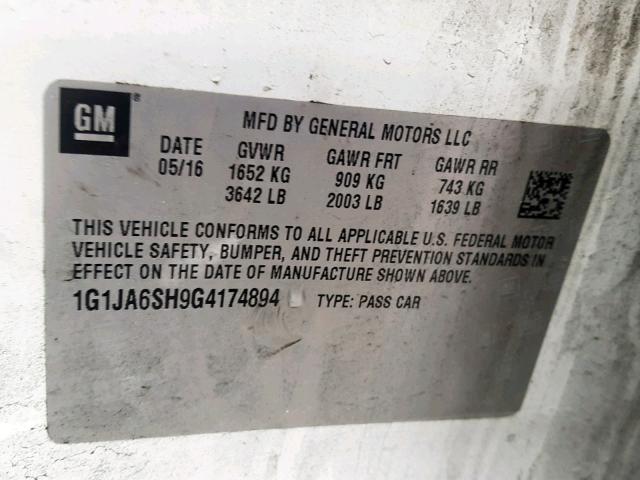 1G1JA6SH9G4174894 - 2016 CHEVROLET SONIC LS თეთრი ფოტო 10