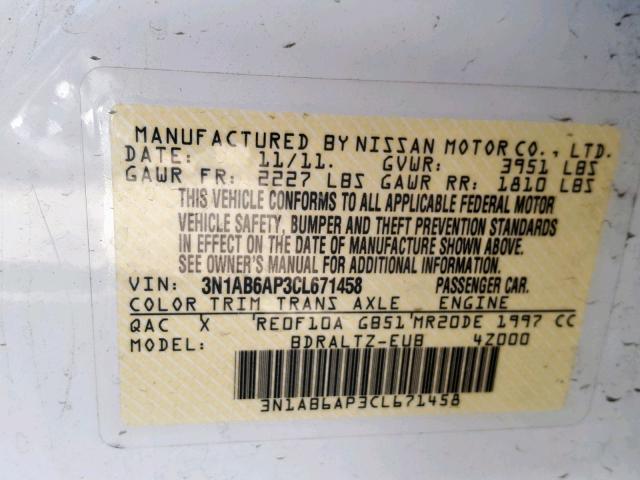 3N1AB6AP3CL671458 - 2012 NISSAN SENTRA 2.0 WHITE photo 10