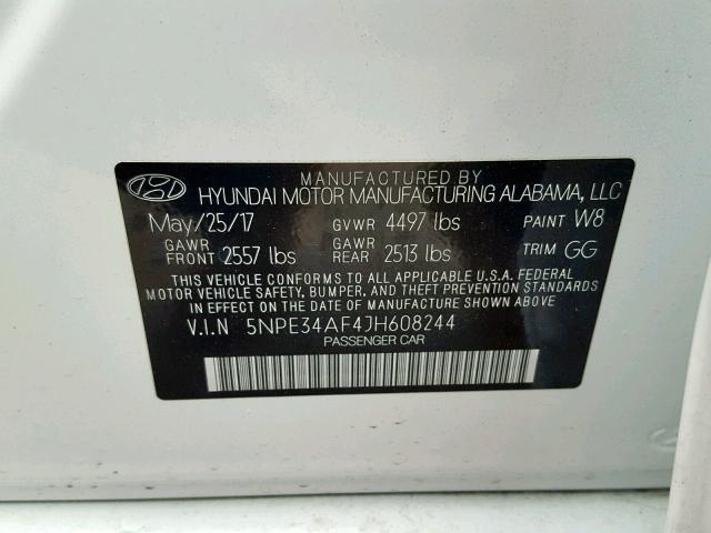 5NPE34AF4JH608244 - 2018 HYUNDAI SONATA SPO WHITE photo 10