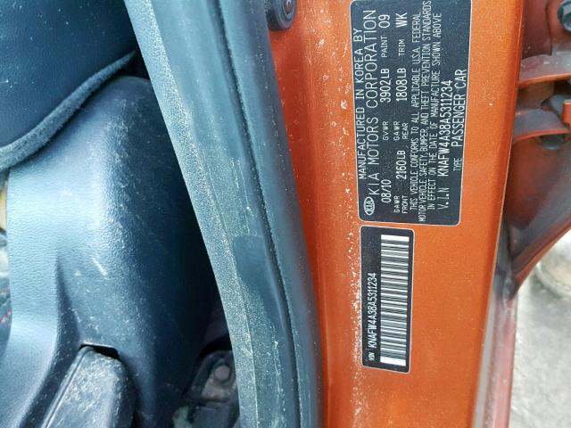 KNAFW4A38A5311234 - 2010 KIA FORTE SX ORANGE photo 10