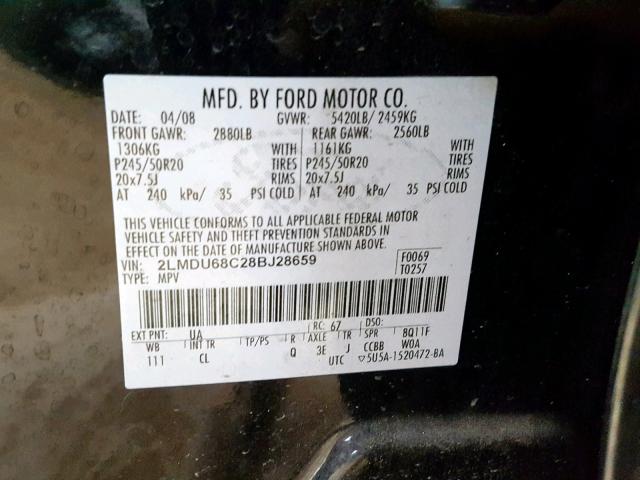 2LMDU68C28BJ28659 - 2008 LINCOLN MKX BLACK photo 10