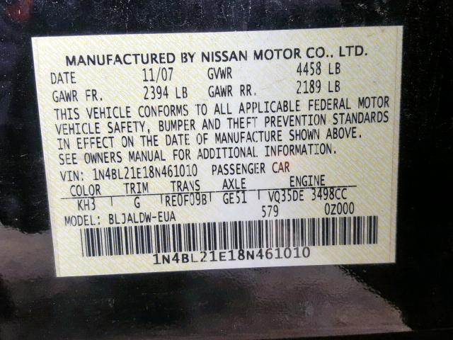 1N4BL21E18N461010 - 2008 NISSAN ALTIMA 3.5 BLACK photo 10