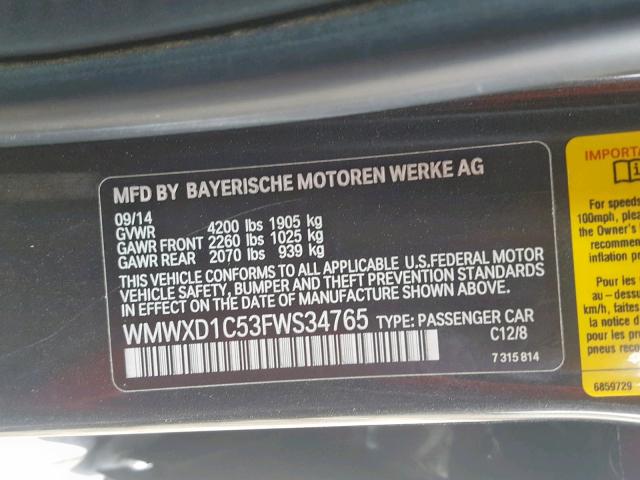 WMWXD1C53FWS34765 - 2015 MINI COOPER COU BLACK photo 10